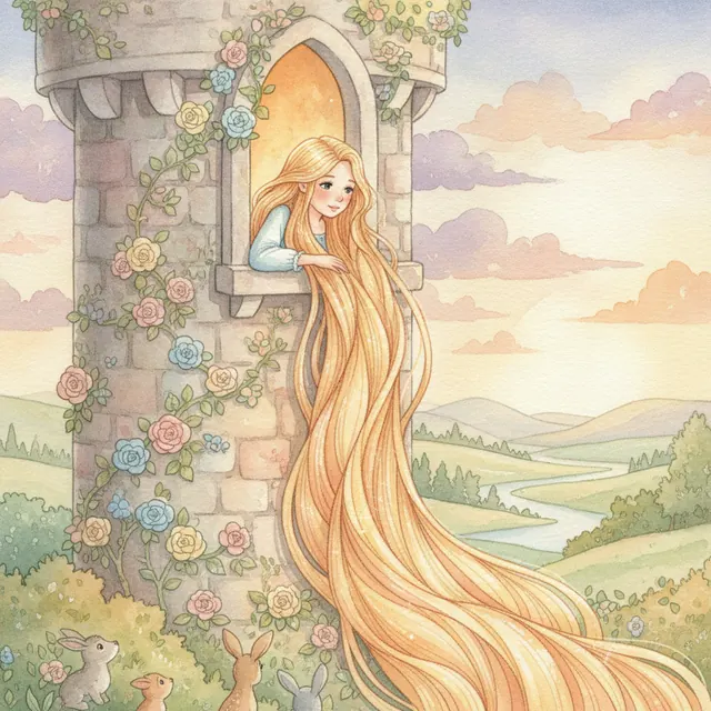 Rapunzel fairy tale bedtime story for kids illustration