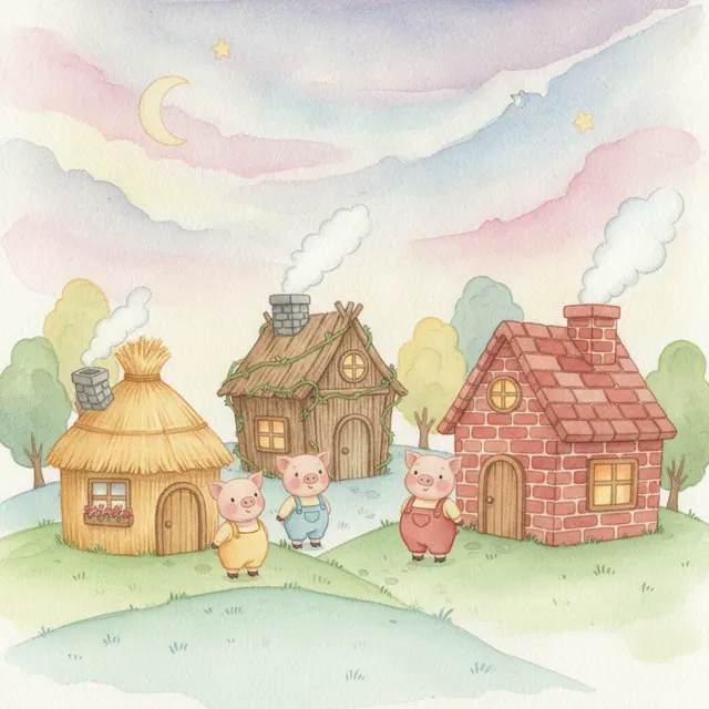 Three Little Pigs fairy tale bedtime story for kids illustration