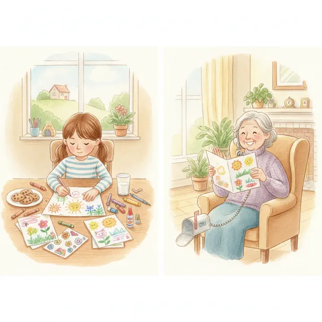 A Card for Grandma's Far-Away Day story for kids illustration
