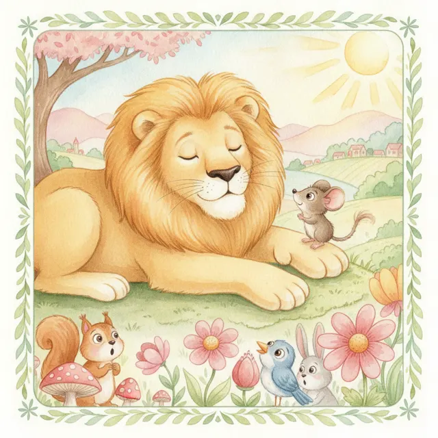 A Lion and a Mouse story for kids illustration