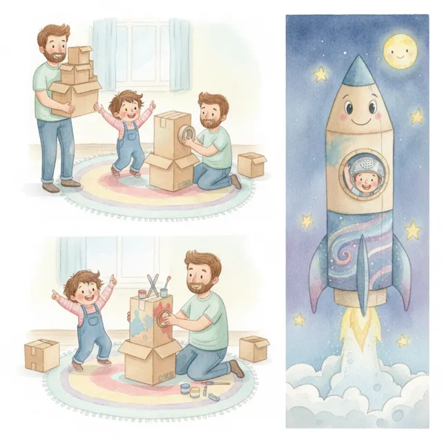 Building a Rocket from Boxes story for kids illustration