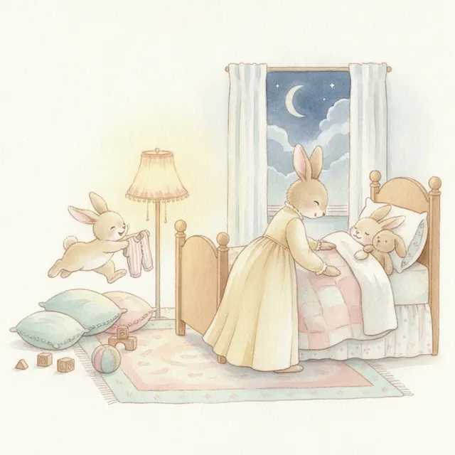 Bunny Hops to Bed story for kids illustration