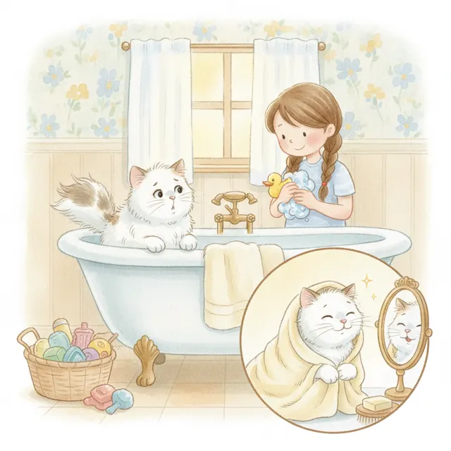 Daisy the Cat Doesn't Want a Bath story for kids illustration
