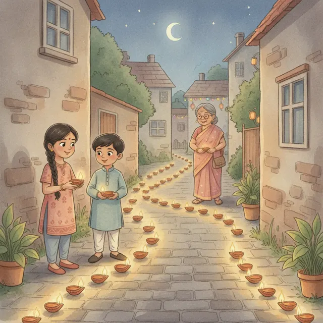 Diyas for the Dark Lane story for kids illustration