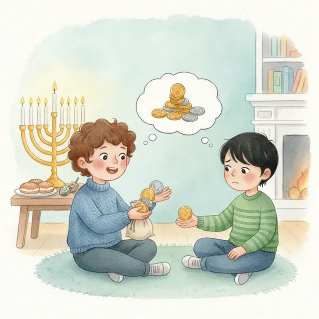 Eight Gelt Coins and a Big Share story for kids illustration