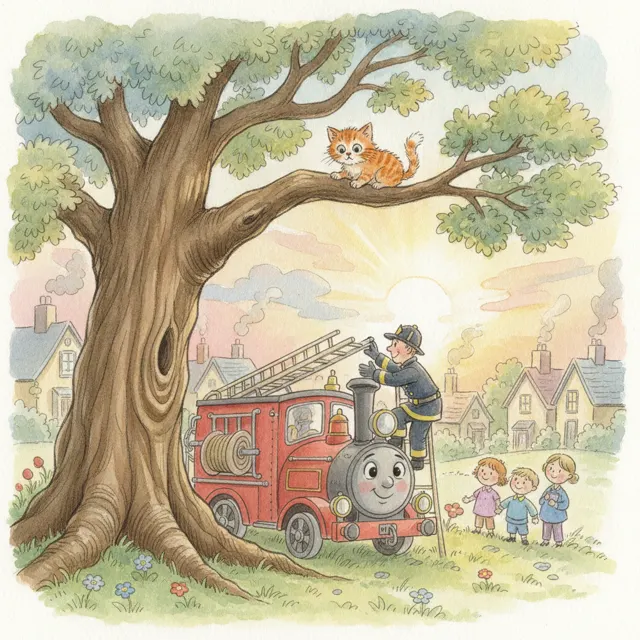 Engine Nine and the Kitten in the Tree story for kids illustration