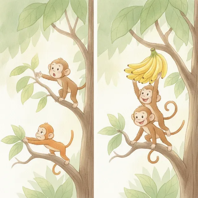 Four Hands for One Banana story for kids illustration