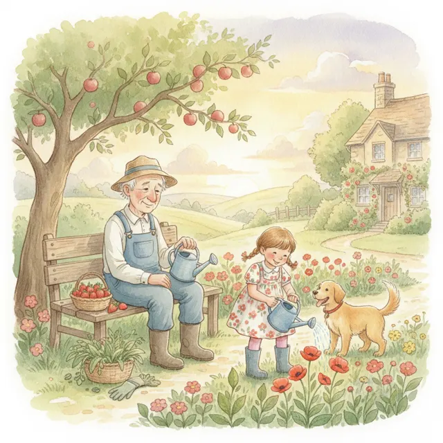 Grandpa's Garden Gets a Helper story for kids illustration