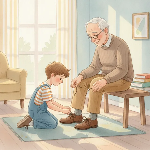 Helping Grandpa Tie Shoes story for kids illustration
