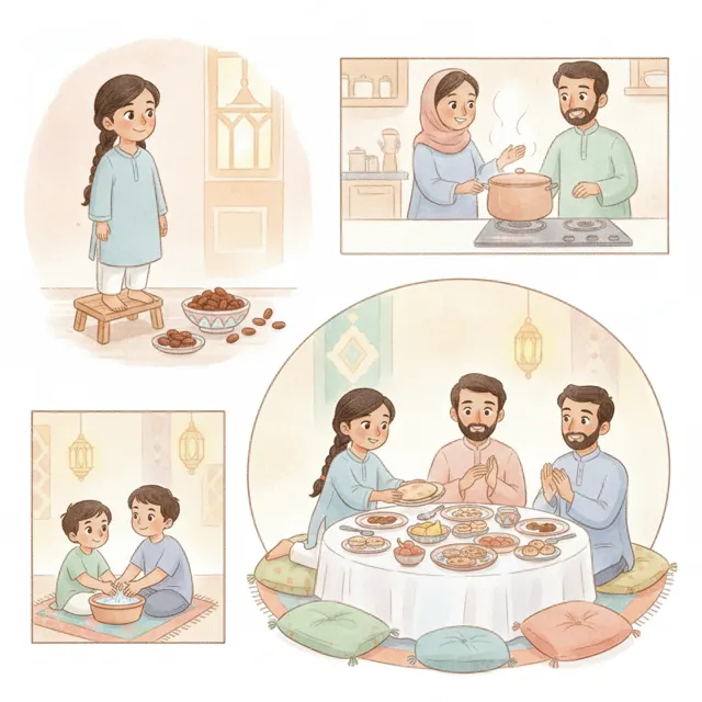 Helping Hands at Iftar story for kids illustration