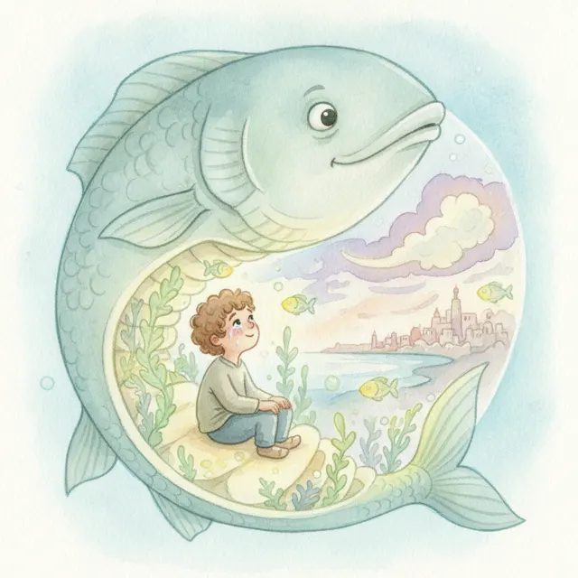 Jonah and the Great Fish story for kids illustration