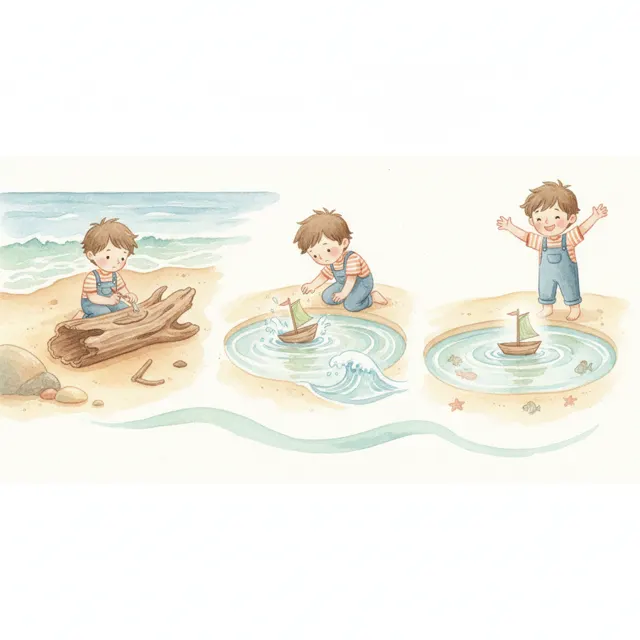 Kai and the Driftwood Boat story for kids illustration