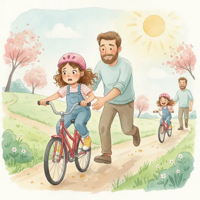 Learning to Ride with Dad story for kids illustration