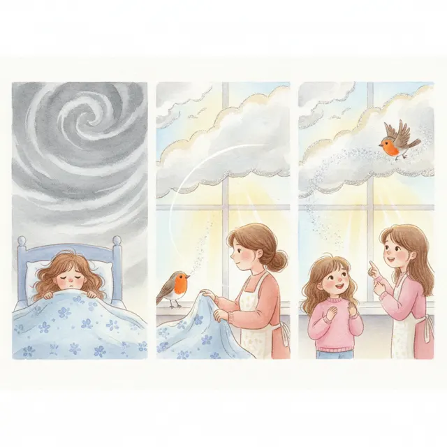 Mia's Cloudy Morning story for kids illustration