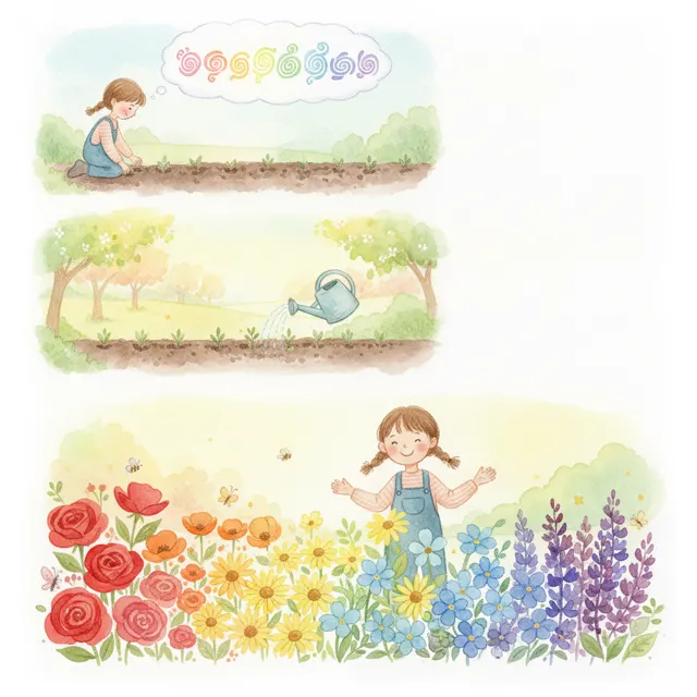 Mia's Rainbow Row of Flowers story for kids illustration