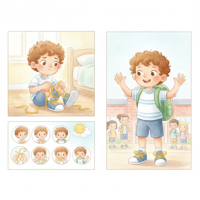 Milo Learns to Tie His Shoes story for kids illustration