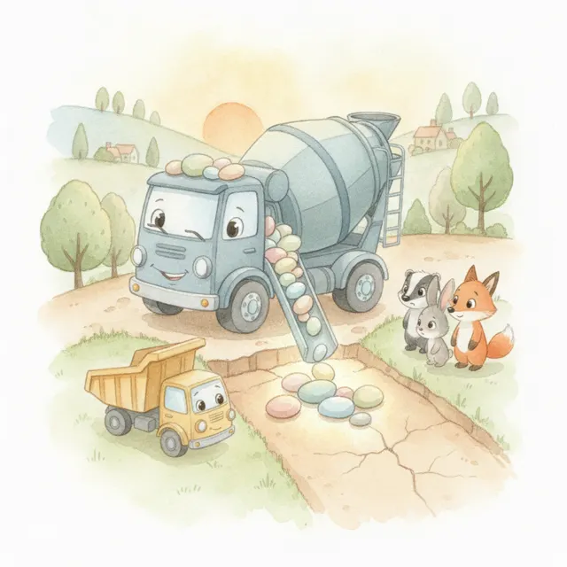 Milo the Mixer Truck Shares His Stones story for kids illustration