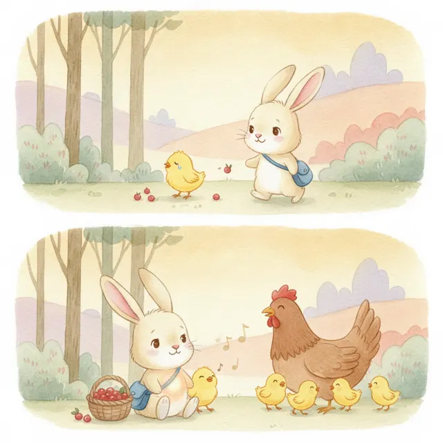 Nibble Helps the Lost Chick story for kids illustration