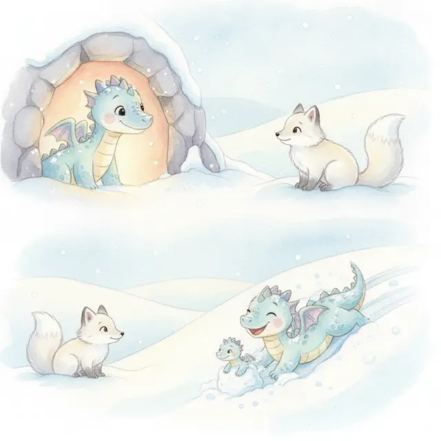 Nora the Dragon's First Snow story for kids illustration