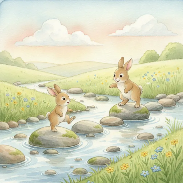 Pip Hops Across the Big Stream story for kids illustration