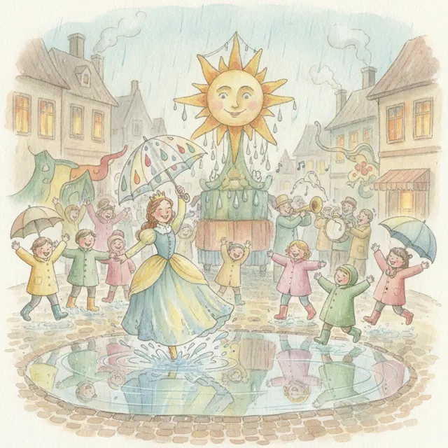 Queen Nina's Rainy Parade story for kids illustration
