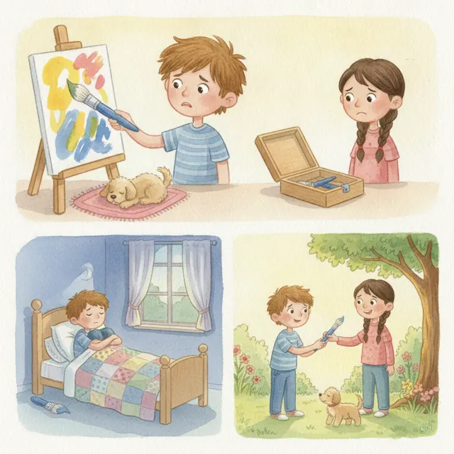 Sam and the Missing Paintbrush story for kids illustration