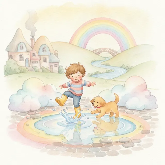Sam and the Puddle Rainbow story for kids illustration