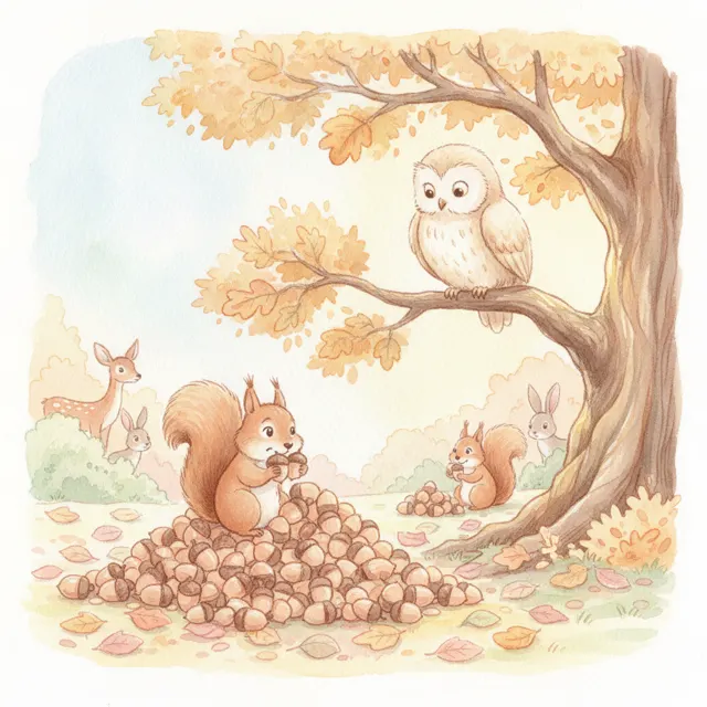 Squirrel's Stash of Acorns story for kids illustration