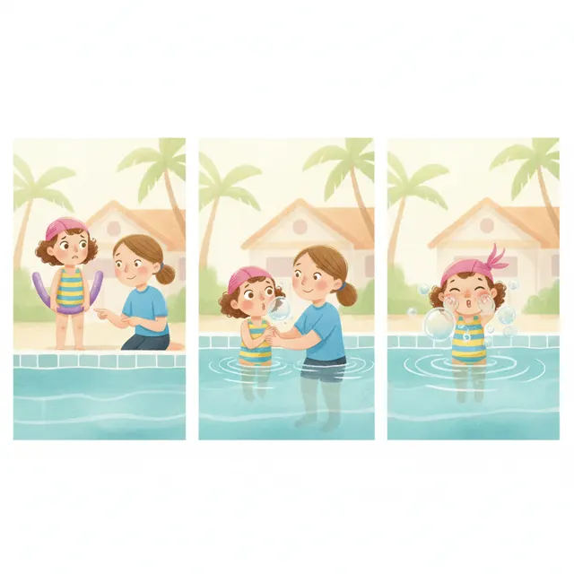 Tessa's First Swim Lesson story for kids illustration