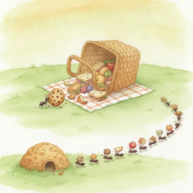 The Ants and the Big Picnic Basket story for kids illustration