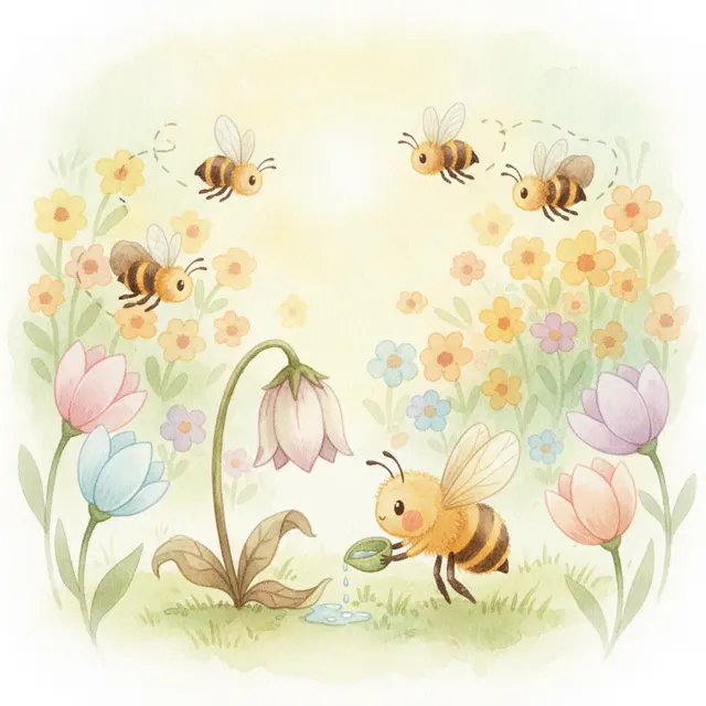 The Bee Who Helped a Tired Flower story for kids illustration