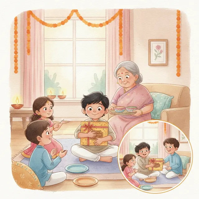 The Box of Diwali Chocolates story for kids illustration