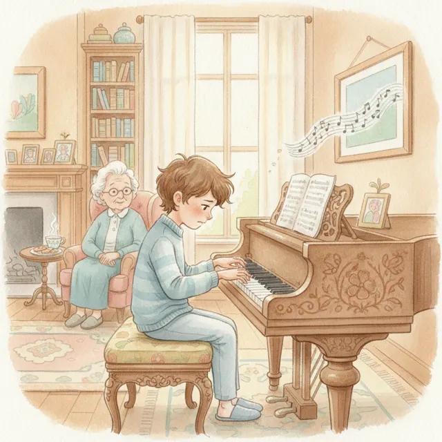The Boy Who Kept Practicing the Piano story for kids illustration