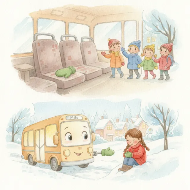 The Bus and the Lost Green Mitten story for kids illustration