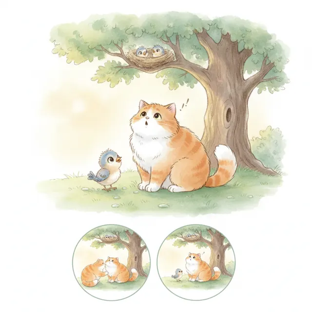 The Cat Who Helped a Lost Bird story for kids illustration