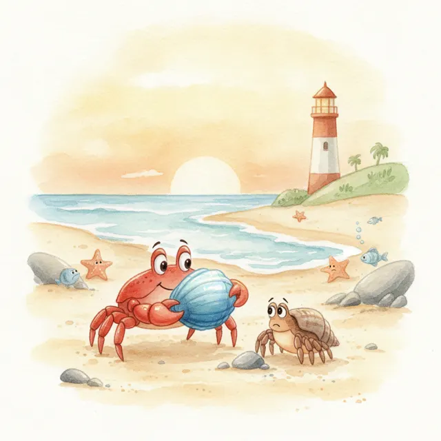 The Crab Who Found a Shiny Shell story for kids illustration