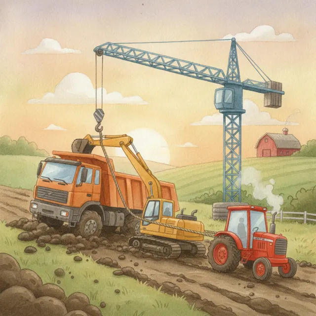 The Digger and the Stuck Truck story for kids illustration