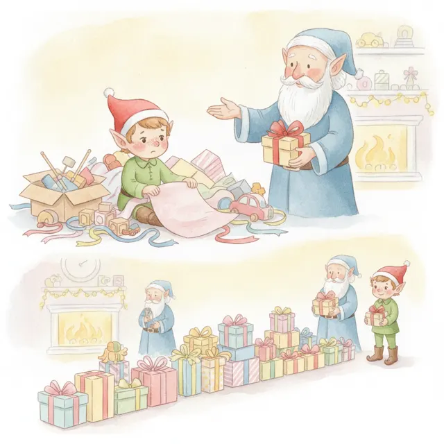 The Elf Who Wrapped One Gift at a Time story for kids illustration