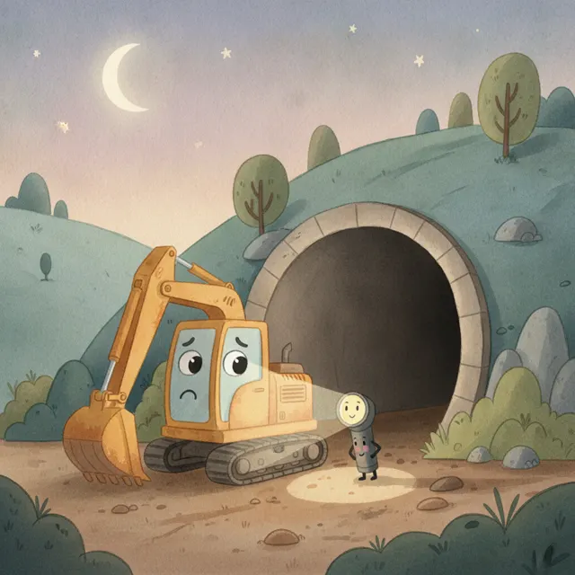 The Excavator Who Was Scared of the Dark story for kids illustration