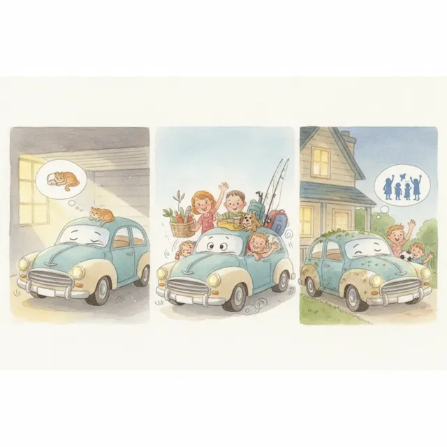 The Family Car Who Wanted a Quiet Sunday story for kids illustration