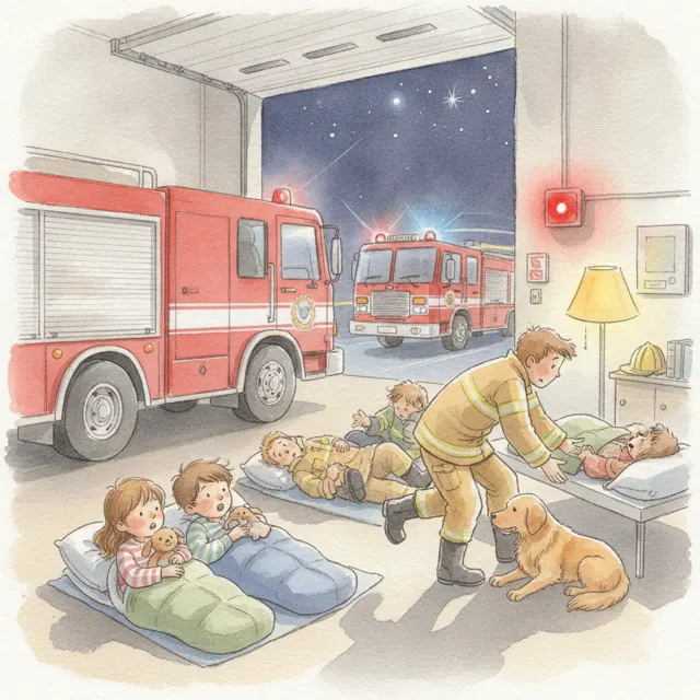The Fire Station Sleepover story for kids illustration
