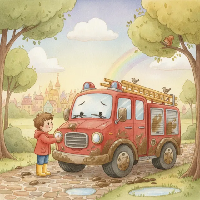 The Fire Truck's Muddy Wheels story for kids illustration
