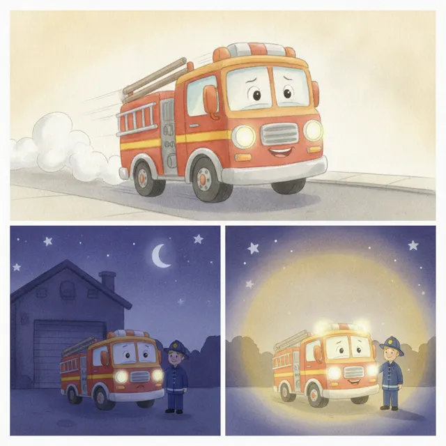 The Fire Truck Who Was Afraid of the Dark story for kids illustration