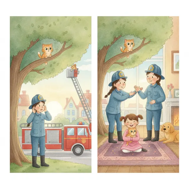 The Firefighter and the Lost Kitten story for kids illustration