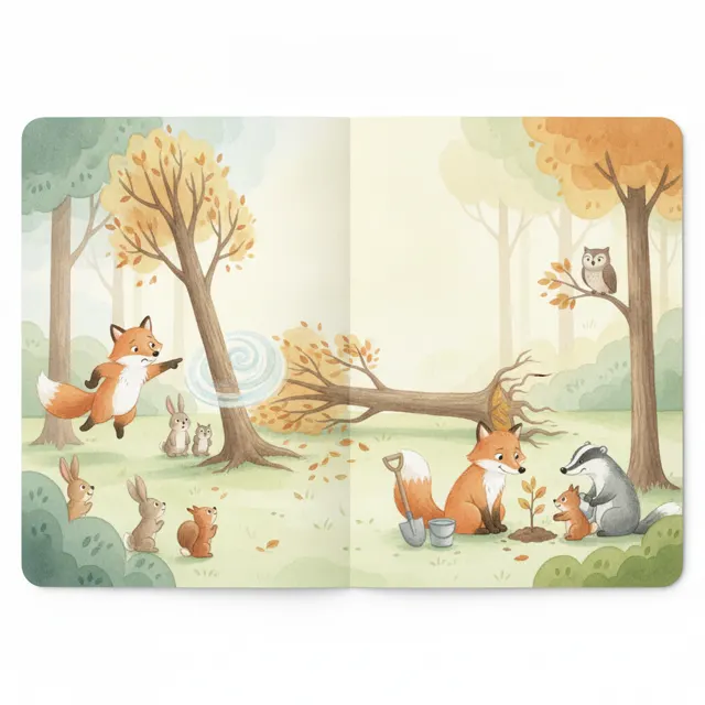 The Fox and the Fallen Tree story for kids illustration