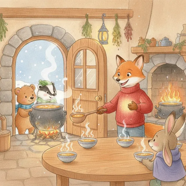 The Fox Who Shared His Soup story for kids illustration