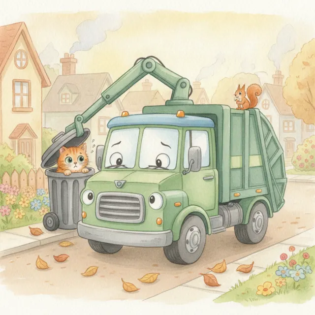 The Garbage Truck Who Found a Lost Kitten story for kids illustration