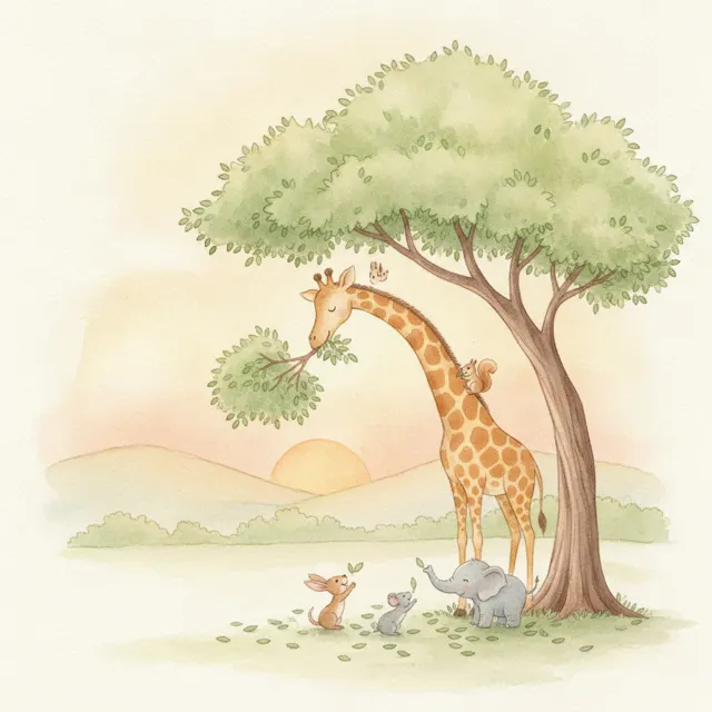 The Giraffe Who Shared the Tall Leaves story for kids illustration