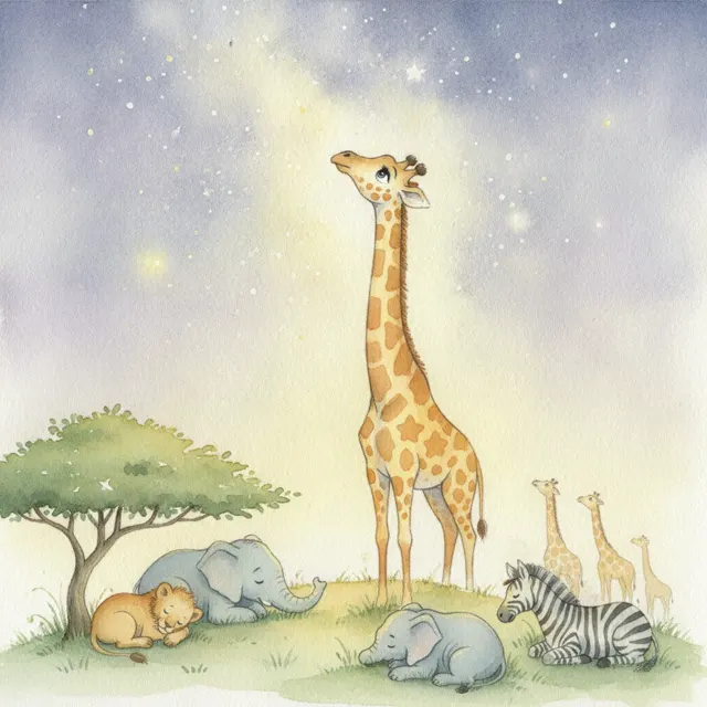 The Giraffe Who Stayed Up for the Stars story for kids illustration