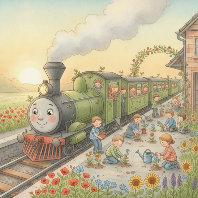 The Green Train Plants a Garden story for kids illustration